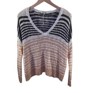 Rag Poets Striped V-Neck Sweater - Black, White, Pink